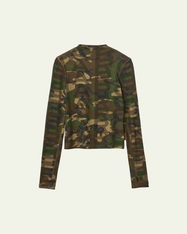 Camo Logo-Print Turtleneck Long-Sleeve Sheer Top